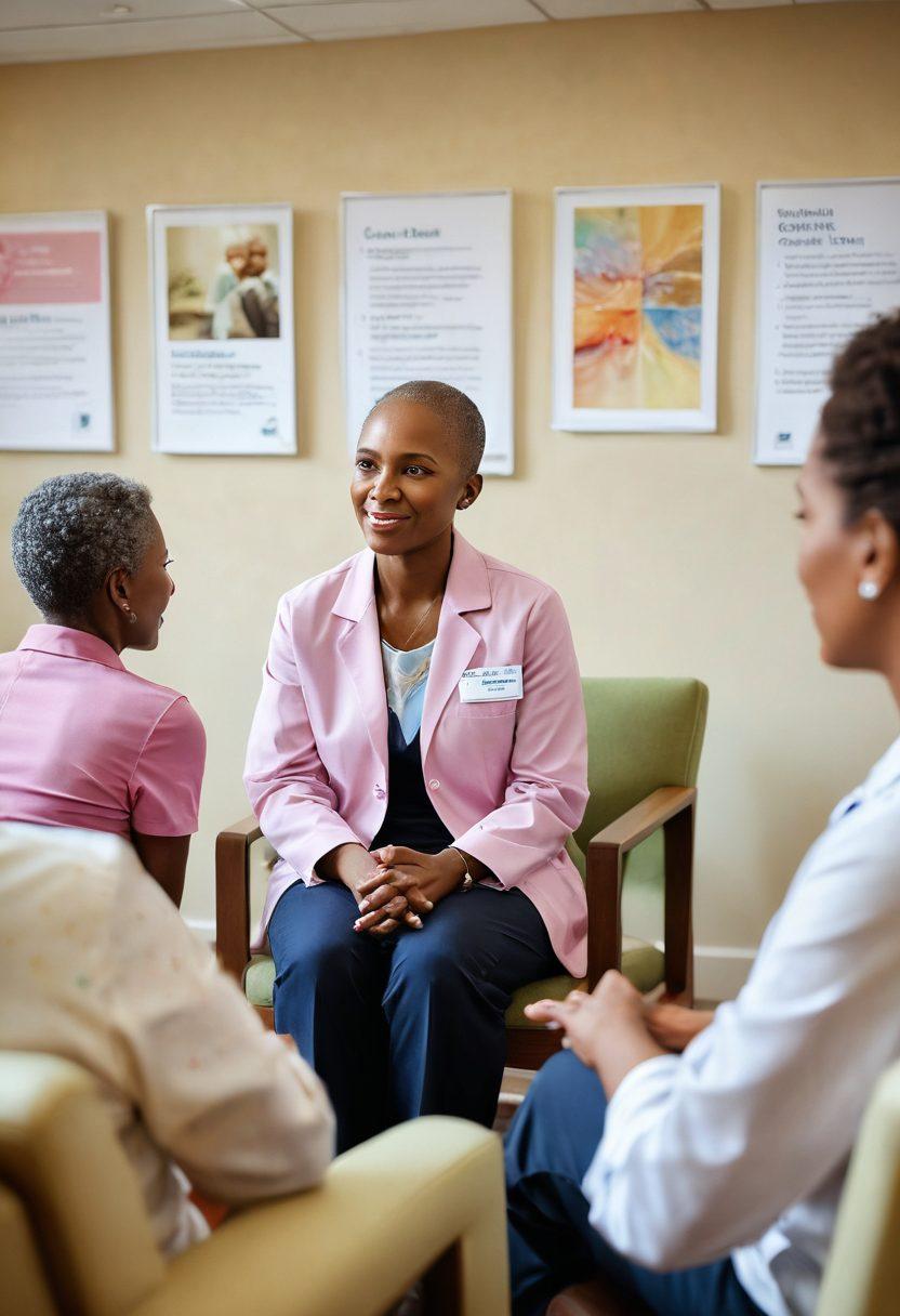 A compassionate healthcare professional discussing treatment options with a diverse group of cancer patients in a warm, inviting clinic environment. The scene highlights an array of informative brochures, supportive community members, and uplifting artwork on the walls, illustrating hope and resilience. Soft lighting creates a calm atmosphere, symbolizing guidance and support. super-realistic. vibrant colors. warm tones.