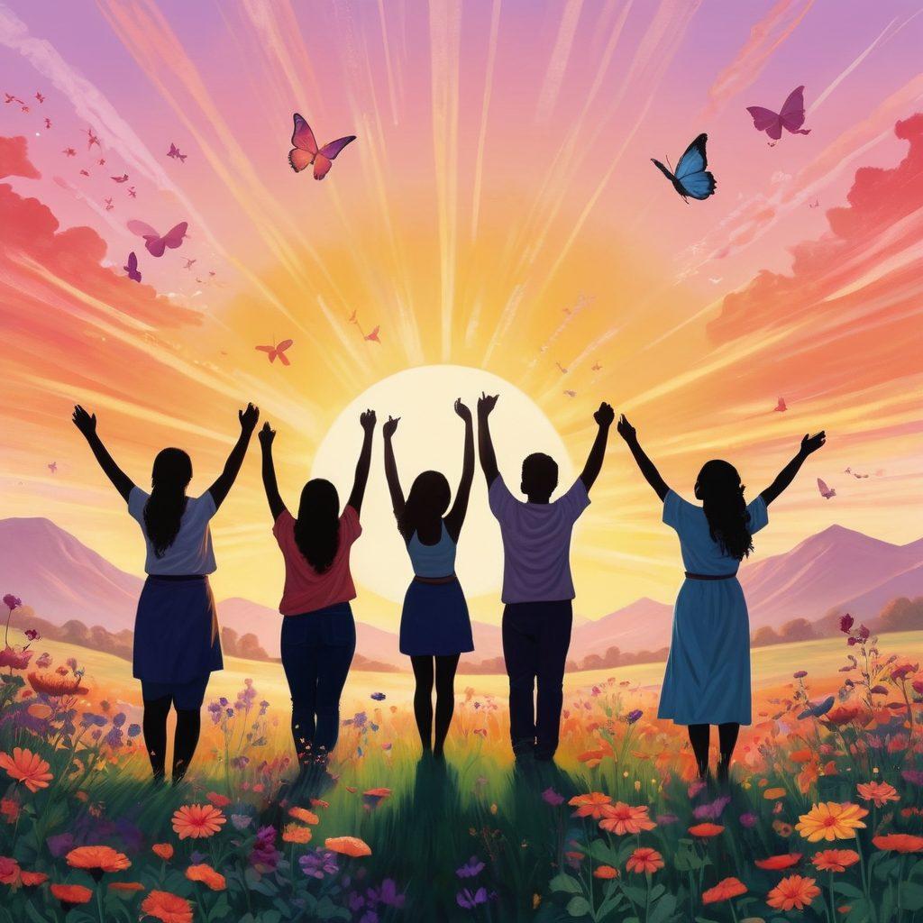 A radiant sun rising over a peaceful landscape symbolizing hope, with silhouettes of diverse individuals standing together, arms raised in triumph, surrounded by blooming flowers and butterflies representing strength and resilience. The background features soft pastel colors to evoke warmth and positivity. super-realistic. vibrant colors. uplifting atmosphere.