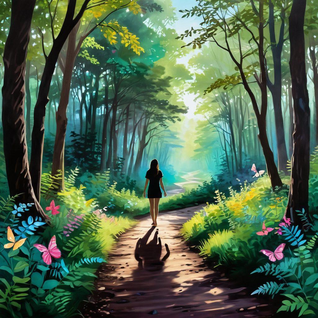 A serene landscape depicting a winding path through a lush forest, symbolizing the cancer journey. Along the path, uplifting signs offer empowering insights and resources, with gentle sunlight filtering through the leaves. Scatter motivational quotes and vibrant butterflies to represent hope and transformation. A silhouette of a survivor holding hands with others in unity symbolizes support and friendships. painting. vibrant colors. soft focus.